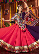 Multi-color Navratri chaniya choli with purple blouse and green dupatta